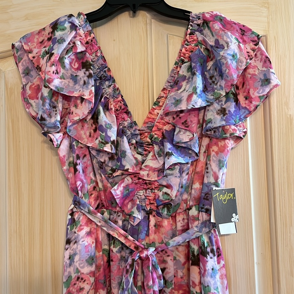 NWT Taylor Ruffle Midi Dress, Size 8, Color Rose/Pink/Lavender Combo.